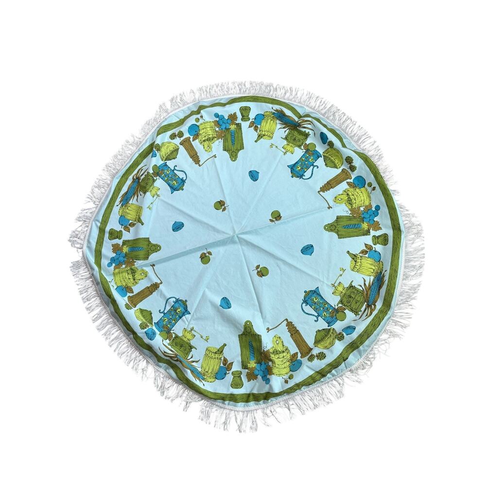 MCM 53" Green Blue White- Round Table Cloth Thanksgiving Dinner- Tassel Edge